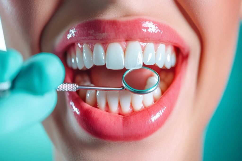 Close-up of a healthy smile during a dental check-up with tools.
