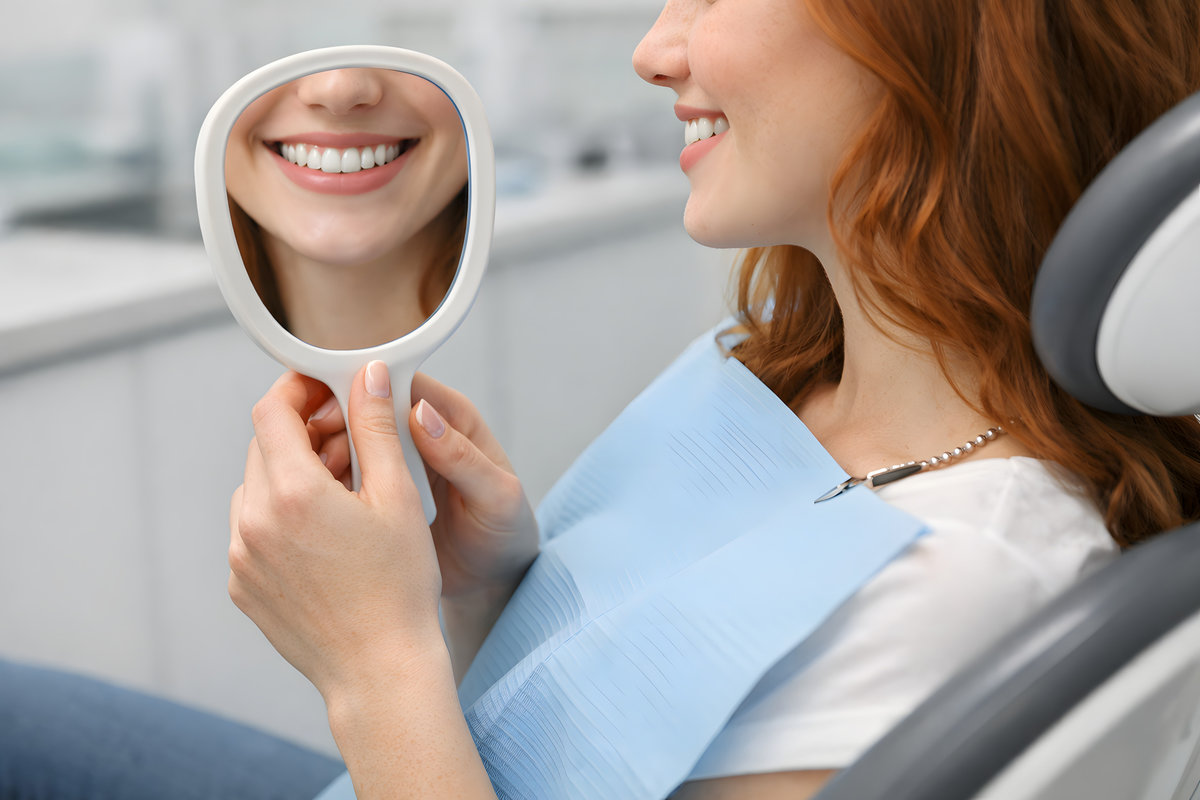 Young Redhead Woman Admiring Her Smile in Handheld Mirror, Dental Patient